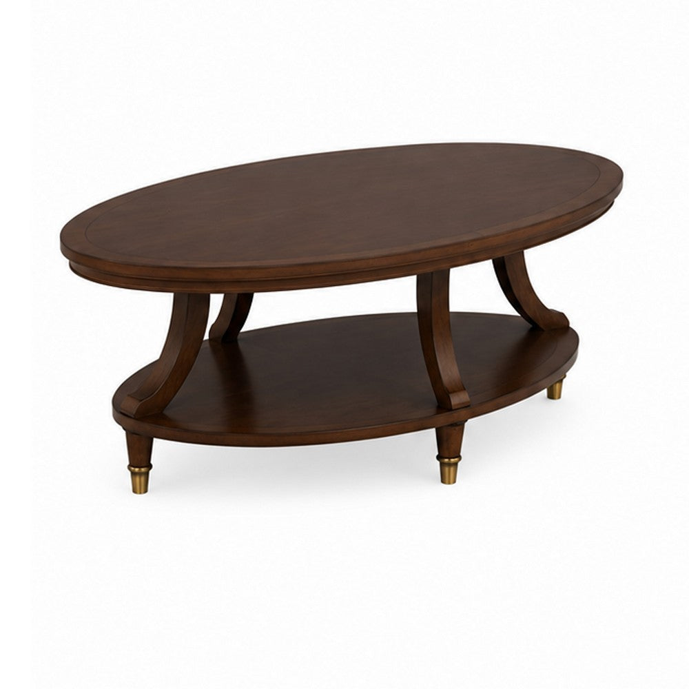 Raam Coffee Table, 52 Inch Oval Top with Lower Shelf, Dark Cherry Brown - BM353294