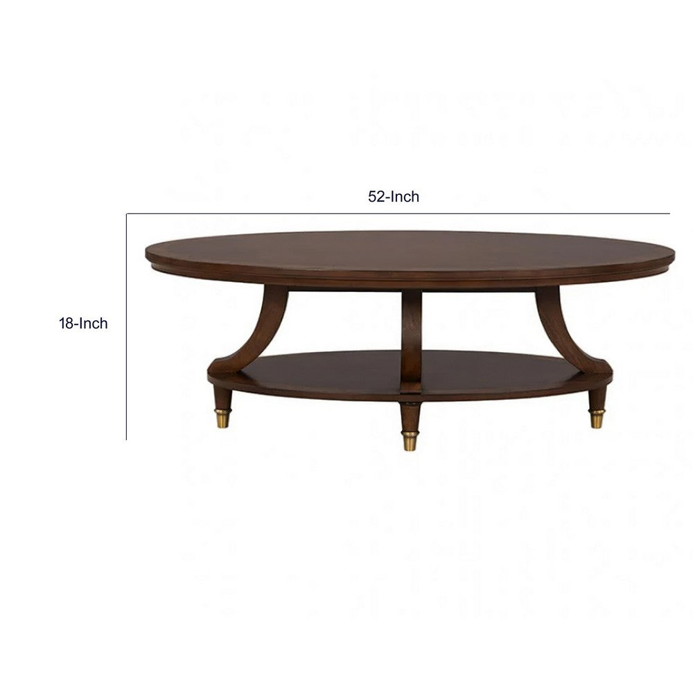 Raam Coffee Table, 52 Inch Oval Top with Lower Shelf, Dark Cherry Brown - BM353294