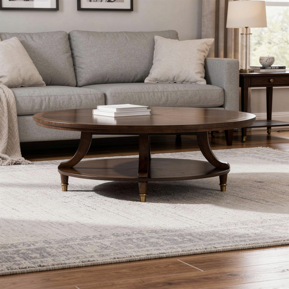 Raam Coffee Table, 52 Inch Oval Top with Lower Shelf, Dark Cherry Brown - BM353294