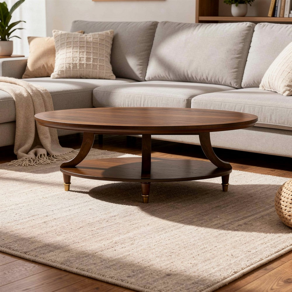 Raam Coffee Table, 52 Inch Oval Top with Lower Shelf, Dark Cherry Brown - BM353294