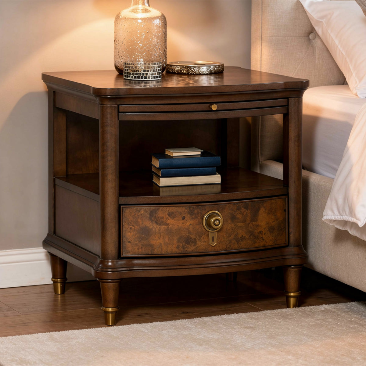 Raam Side End Table, 24 Inch Top with Lower Shelf, Dark Cherry Brown  - BM353295