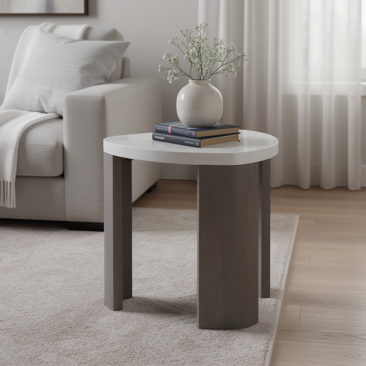 Lesy Side End Table, 24 Inch Triangular Faux Marble Top, Gray White  - BM353296