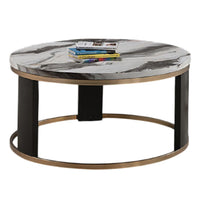 Besy Coffee Table, 36 Inch White Faux Marble, Gold Ring Base, Black  - BM353297
