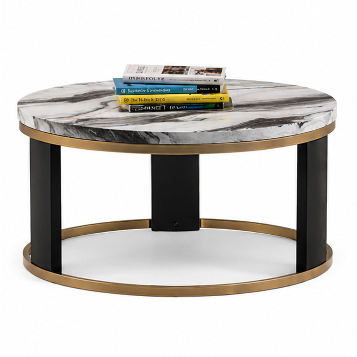Besy Coffee Table, 36 Inch White Faux Marble, Gold Ring Base, Black  - BM353297