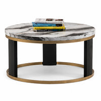 Besy Coffee Table, 36 Inch White Faux Marble, Gold Ring Base, Black  - BM353297