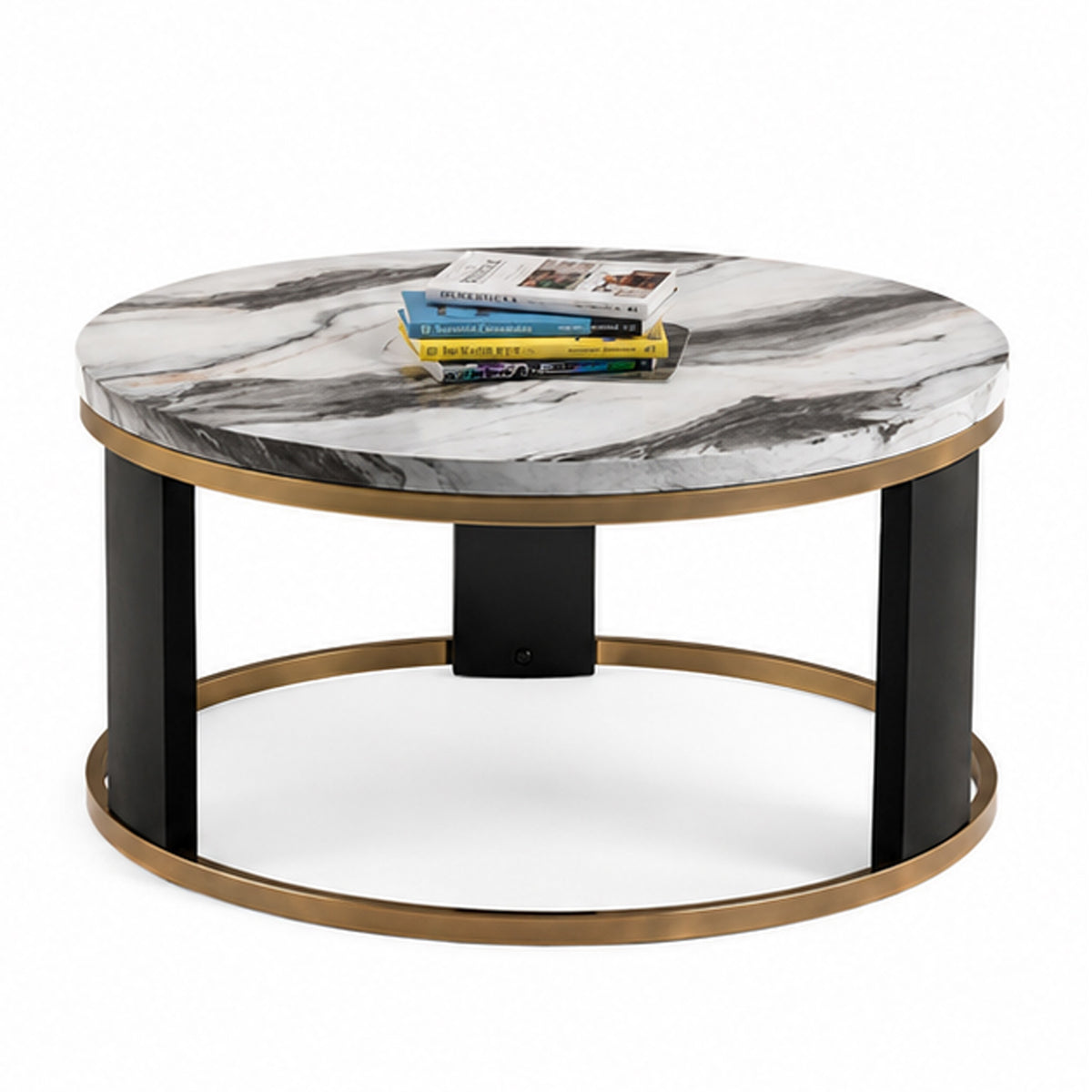 Besy Coffee Table, 36 Inch White Faux Marble, Gold Ring Base, Black  - BM353297