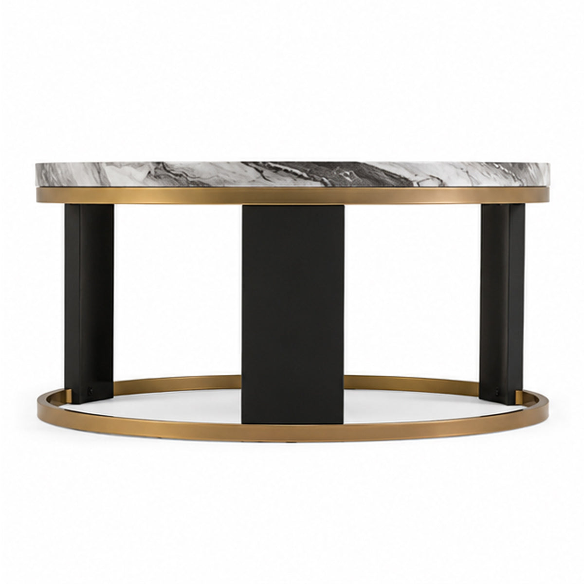 Besy Coffee Table, 36 Inch White Faux Marble, Gold Ring Base, Black  - BM353297