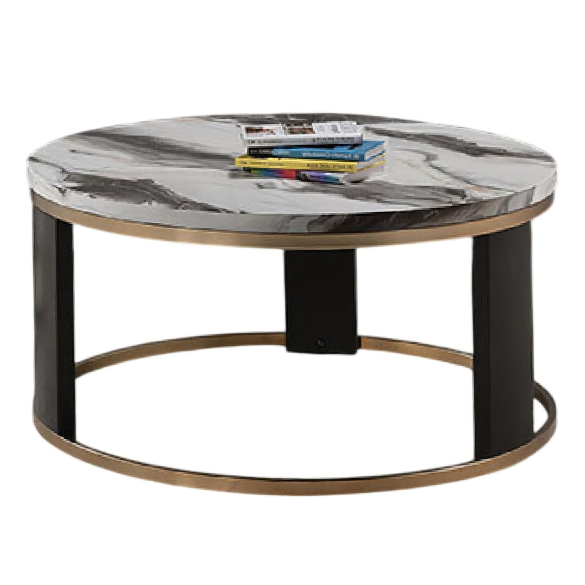 Besy Coffee Table, 36 Inch White Faux Marble, Gold Ring Base, Black  - BM353297