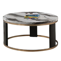 Besy Coffee Table, 36 Inch White Faux Marble, Gold Ring Base, Black  - BM353297