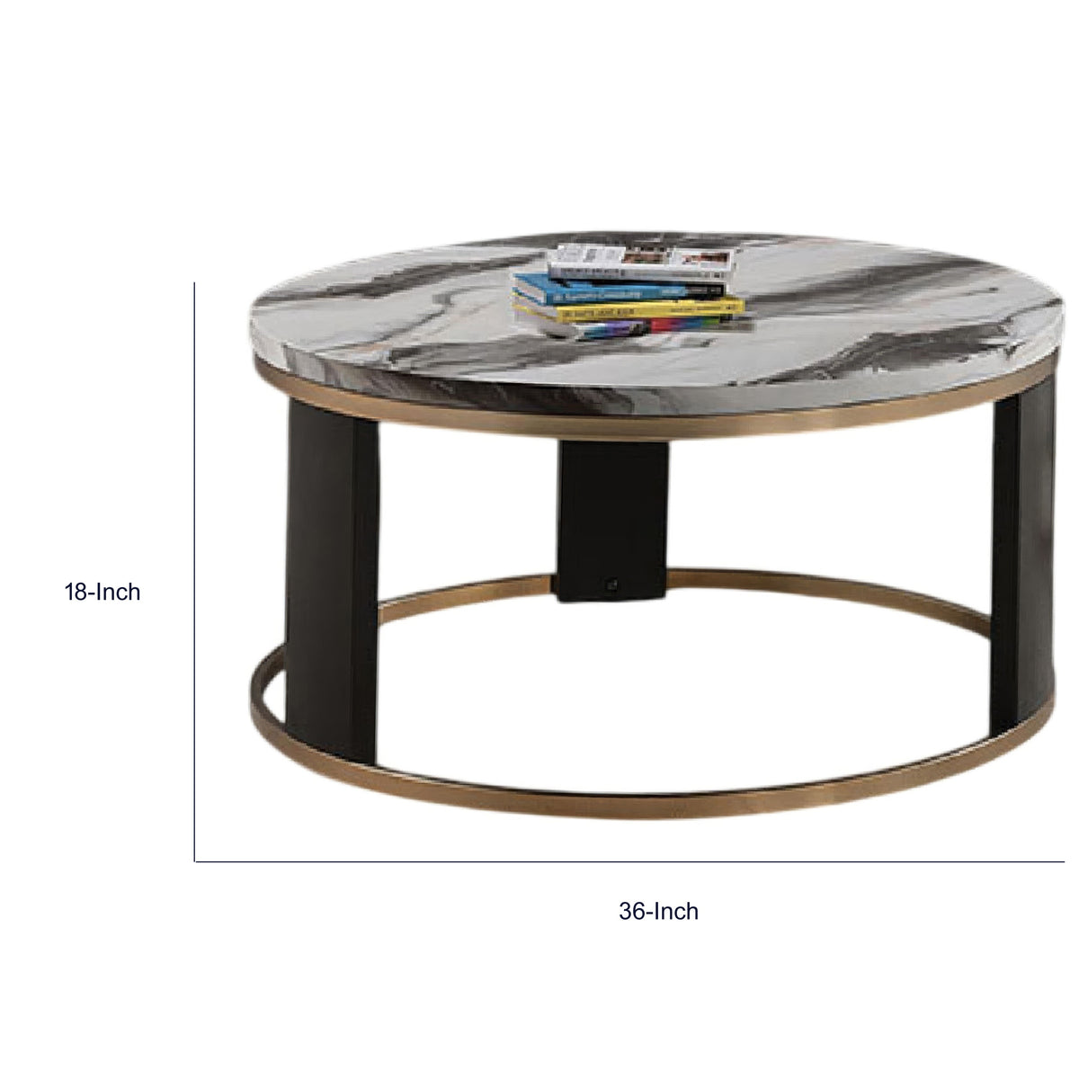 Besy Coffee Table, 36 Inch White Faux Marble, Gold Ring Base, Black  - BM353297