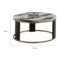 Besy Coffee Table, 36 Inch White Faux Marble, Gold Ring Base, Black  - BM353297