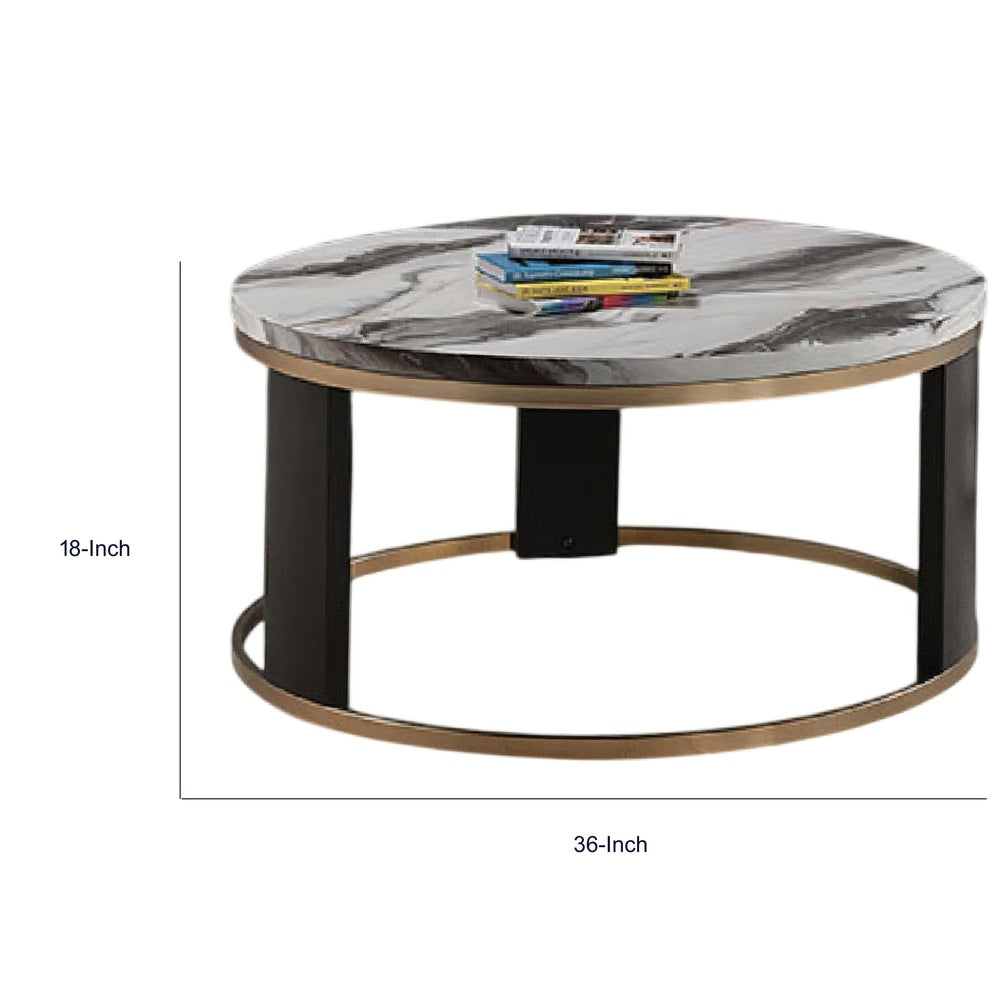Besy Coffee Table, 36 Inch White Faux Marble, Gold Ring Base, Black  - BM353297