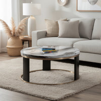 Besy Coffee Table, 36 Inch White Faux Marble, Gold Ring Base, Black  - BM353297