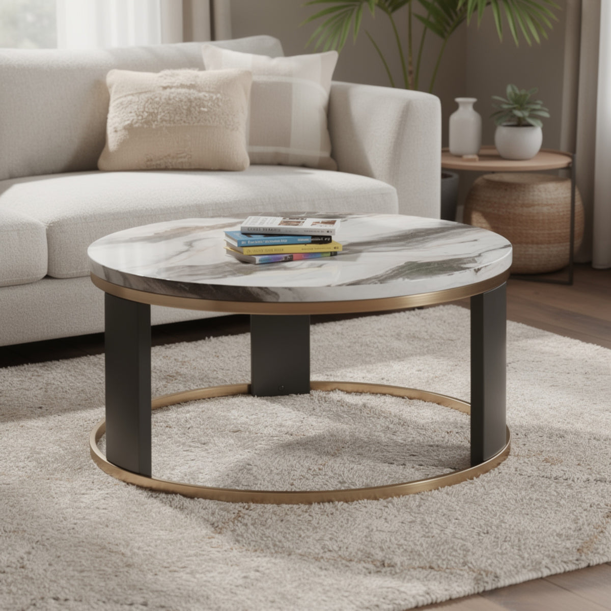 Besy Coffee Table, 36 Inch White Faux Marble, Gold Ring Base, Black  - BM353297