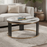 Besy Coffee Table, 36 Inch White Faux Marble, Gold Ring Base, Black  - BM353297