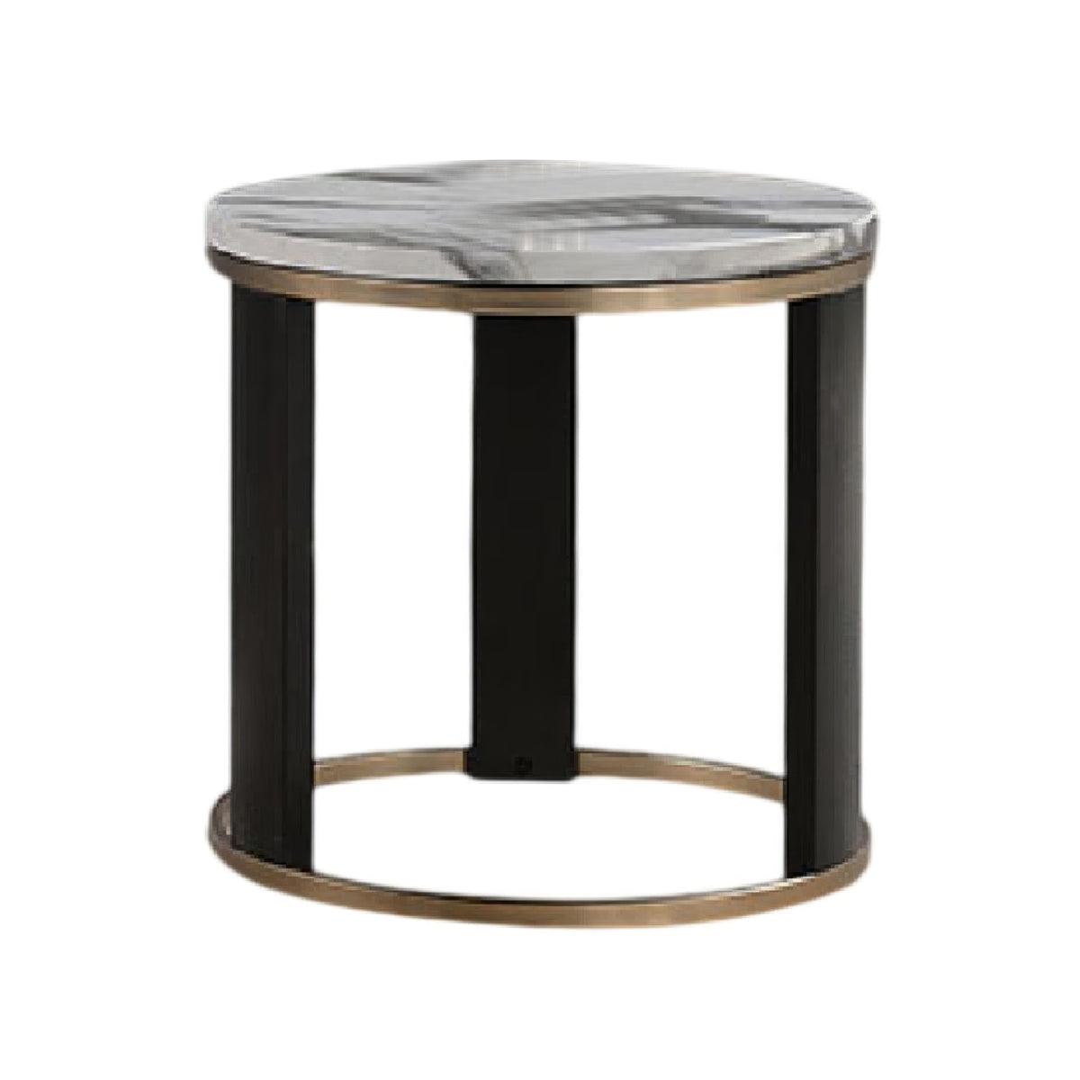 Besy Side End Table, 24 Inch White Faux Marble, Gold Ring Base, Black  - BM353298