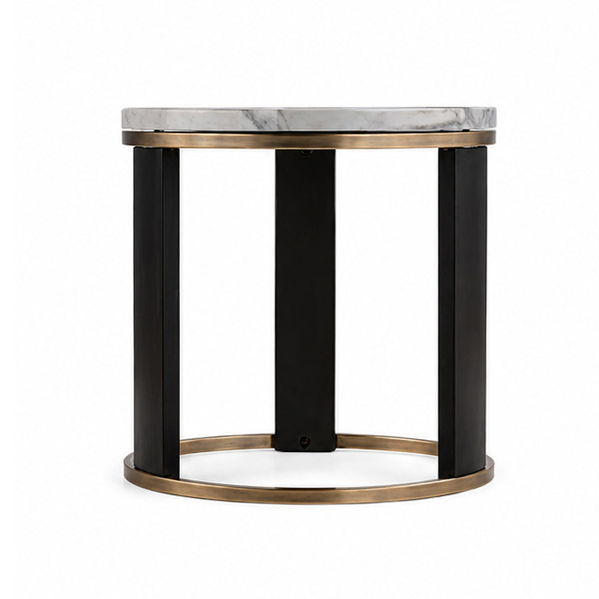 Besy Side End Table, 24 Inch White Faux Marble, Gold Ring Base, Black  - BM353298