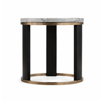 Besy Side End Table, 24 Inch White Faux Marble, Gold Ring Base, Black  - BM353298