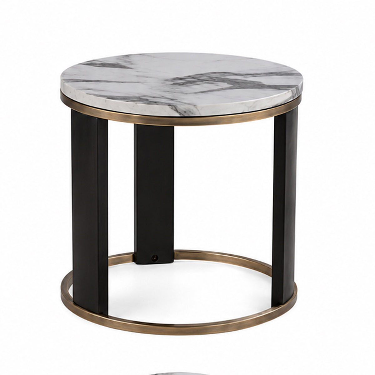 Besy Side End Table, 24 Inch White Faux Marble, Gold Ring Base, Black  - BM353298