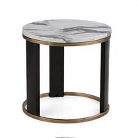 Besy Side End Table, 24 Inch White Faux Marble, Gold Ring Base, Black  - BM353298