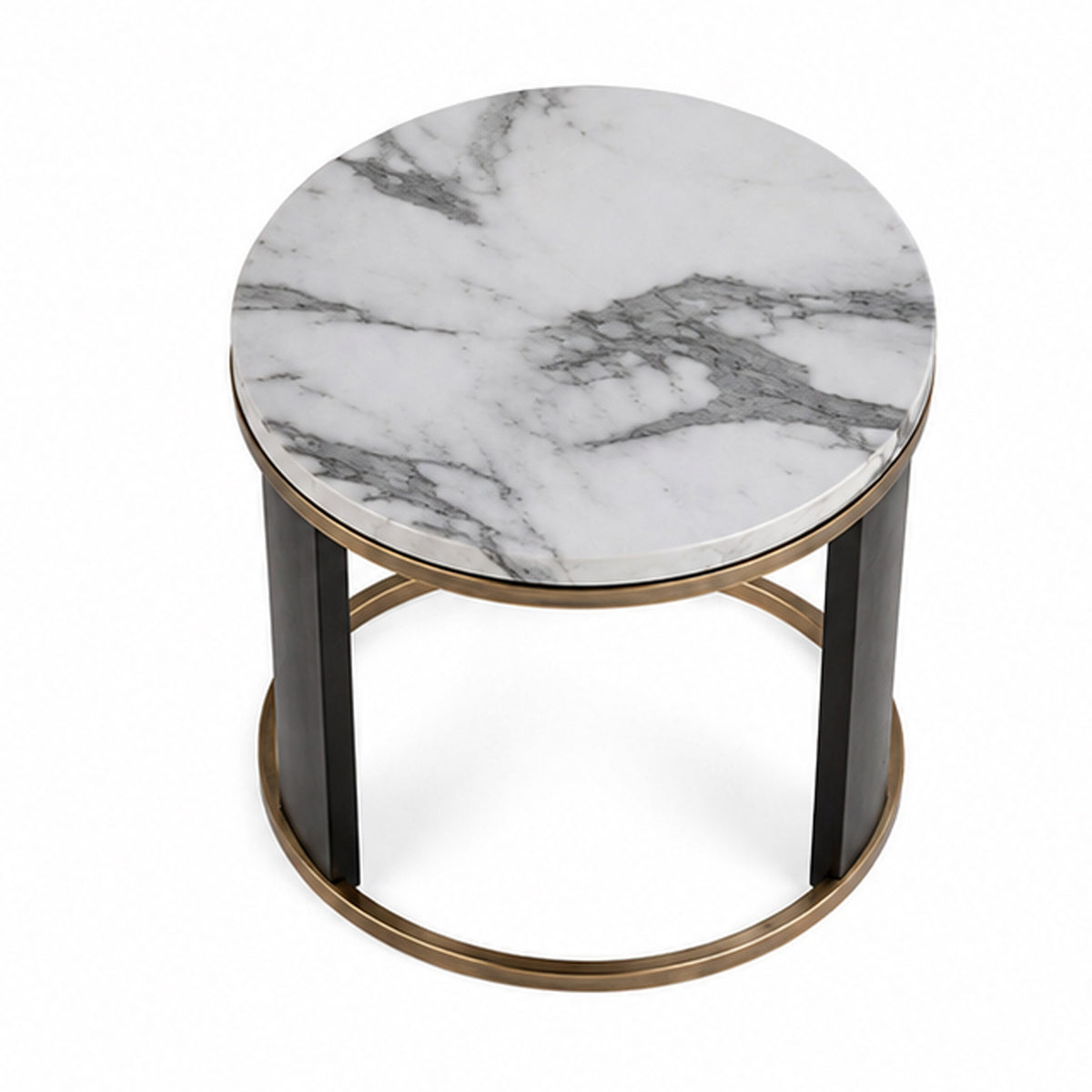 Besy Side End Table, 24 Inch White Faux Marble, Gold Ring Base, Black  - BM353298