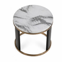 Besy Side End Table, 24 Inch White Faux Marble, Gold Ring Base, Black  - BM353298