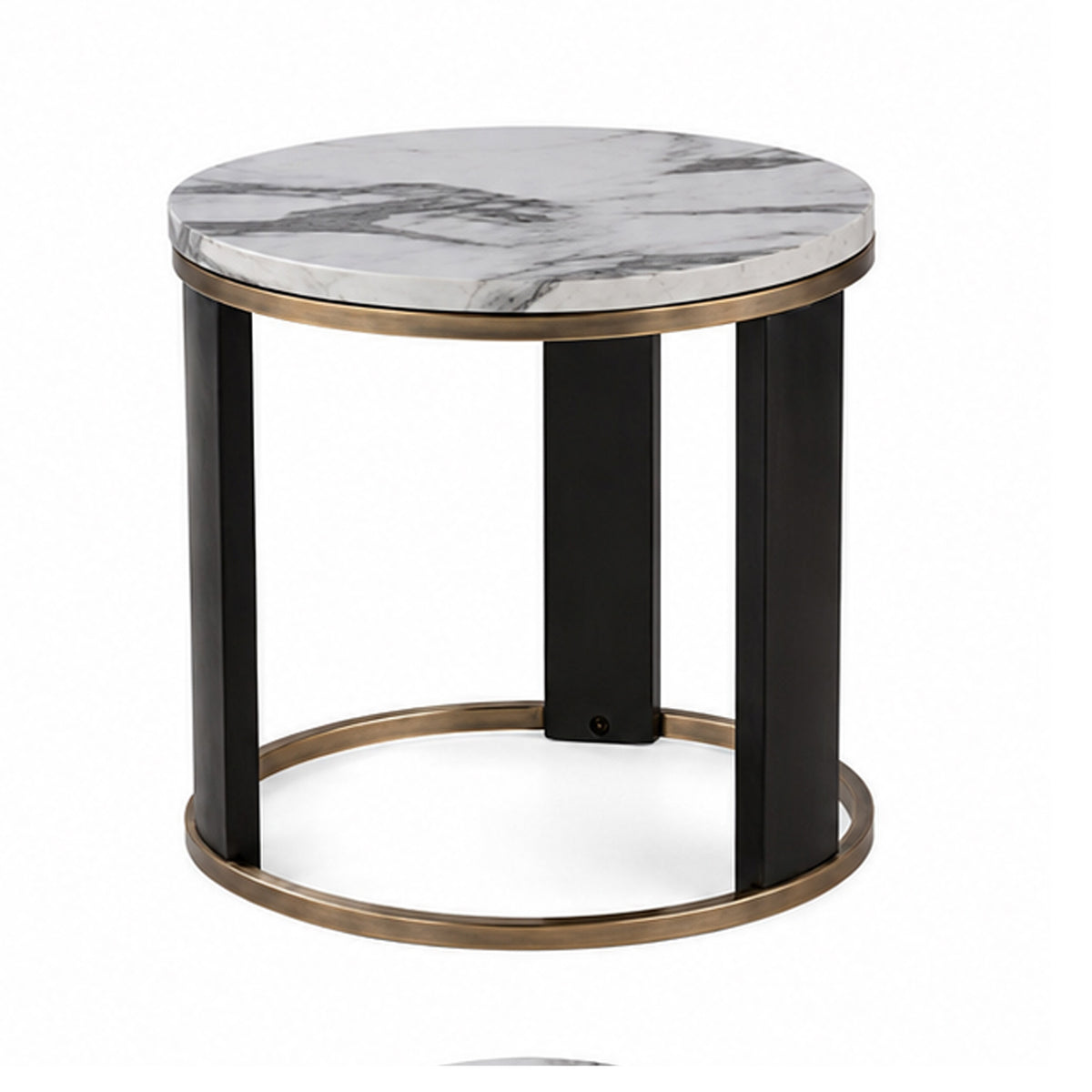 Besy Side End Table, 24 Inch White Faux Marble, Gold Ring Base, Black  - BM353298