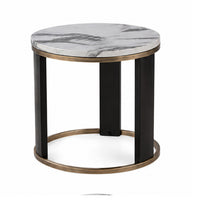 Besy Side End Table, 24 Inch White Faux Marble, Gold Ring Base, Black  - BM353298