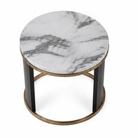Besy Side End Table, 24 Inch White Faux Marble, Gold Ring Base, Black  - BM353298