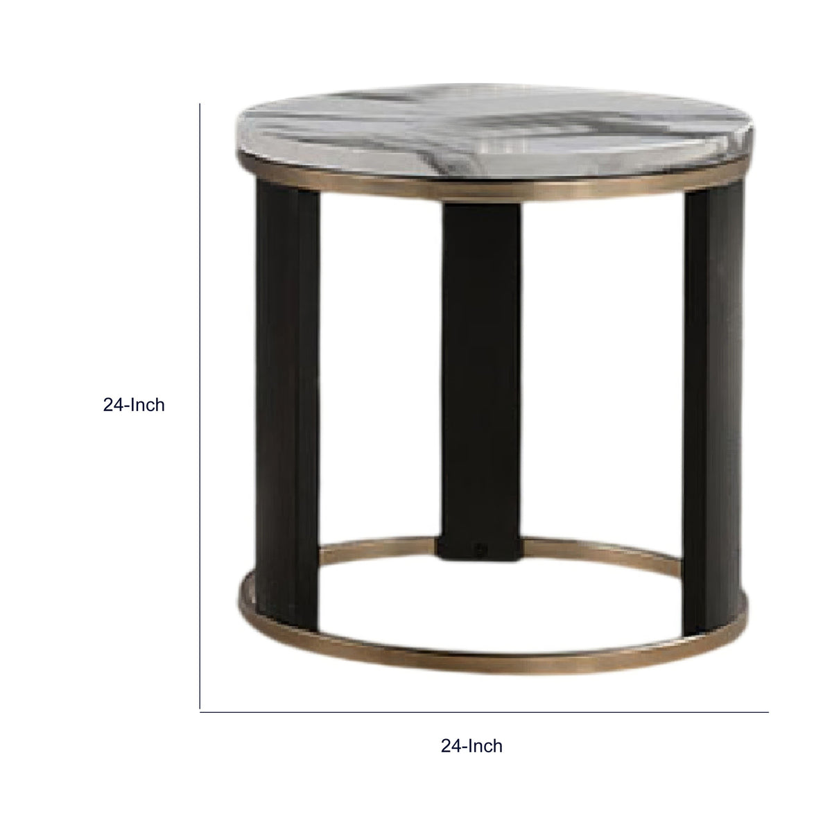 Besy Side End Table, 24 Inch White Faux Marble, Gold Ring Base, Black  - BM353298