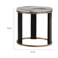 Besy Side End Table, 24 Inch White Faux Marble, Gold Ring Base, Black  - BM353298