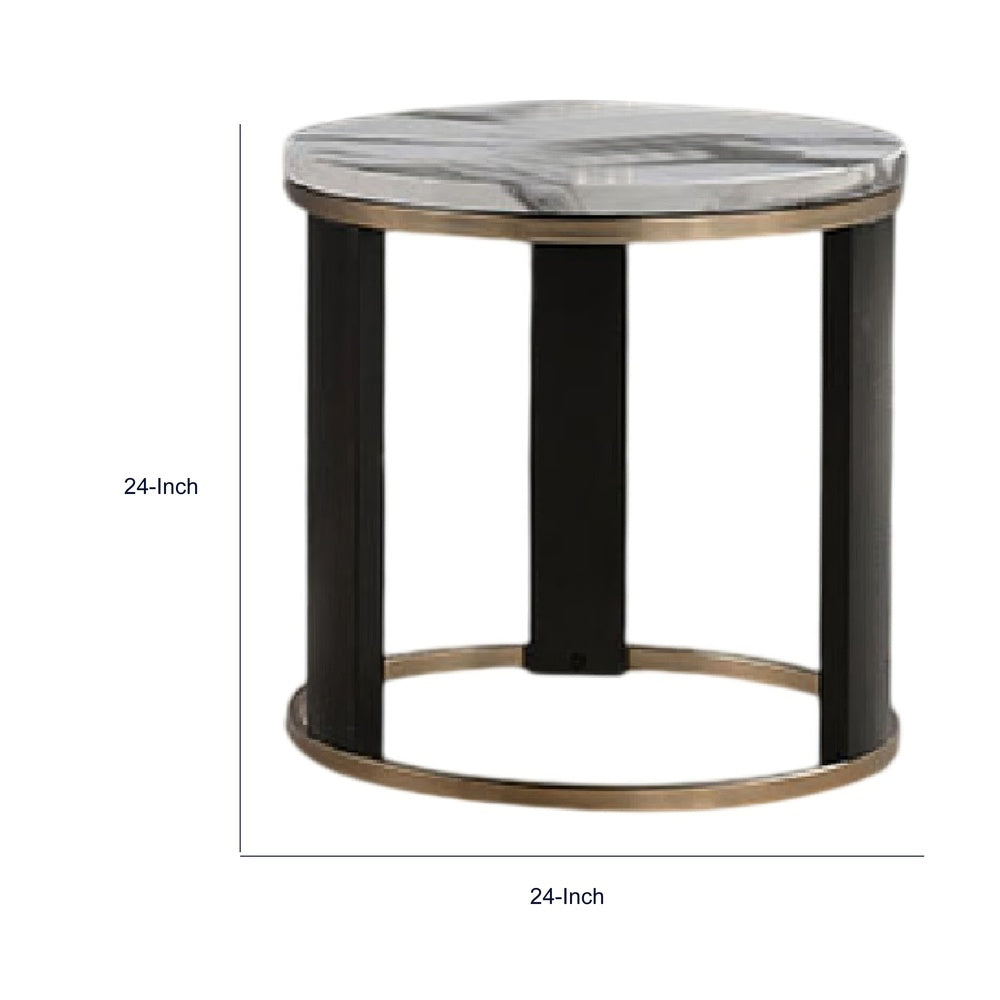 Besy Side End Table, 24 Inch White Faux Marble, Gold Ring Base, Black  - BM353298