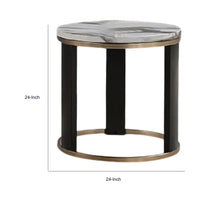 Besy Side End Table, 24 Inch White Faux Marble, Gold Ring Base, Black  - BM353298