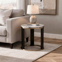 Besy Side End Table, 24 Inch White Faux Marble, Gold Ring Base, Black  - BM353298