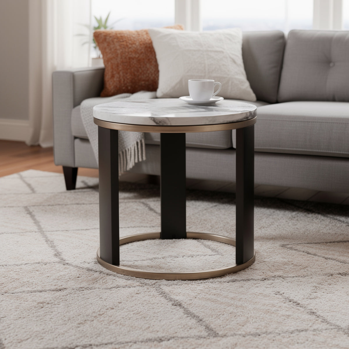 Besy Side End Table, 24 Inch White Faux Marble, Gold Ring Base, Black  - BM353298