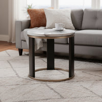 Besy Side End Table, 24 Inch White Faux Marble, Gold Ring Base, Black  - BM353298