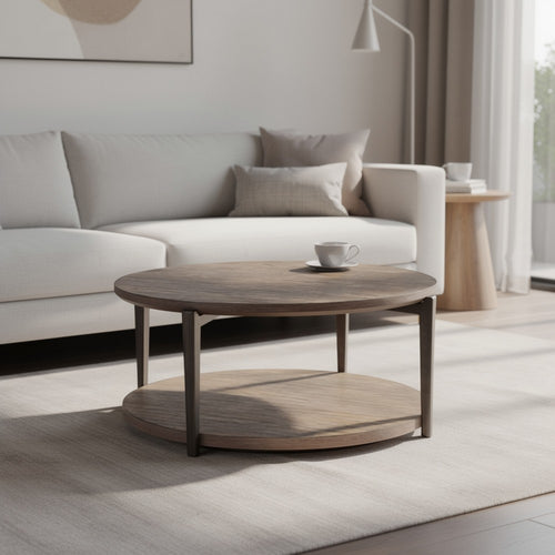 Jesy Coffee Table, 43 Inch Round Top with Lower Shelf, Natural Brown  - BM353299