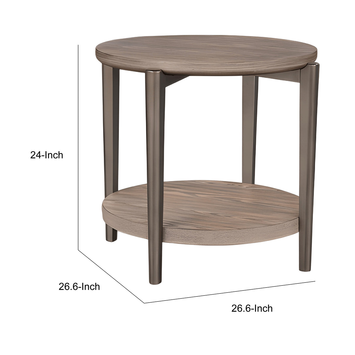Jesy Side End Table, 27 Inch Round Top, Lower Shelf, Natural Brown  - BM353300