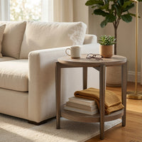 Jesy Side End Table, 27 Inch Round Top, Lower Shelf, Natural Brown  - BM353300