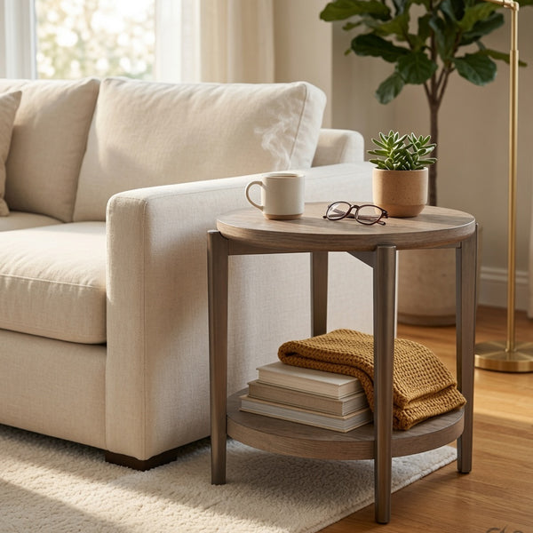 Jesy Side End Table, 27 Inch Round Top, Lower Shelf, Natural Brown  - BM353300