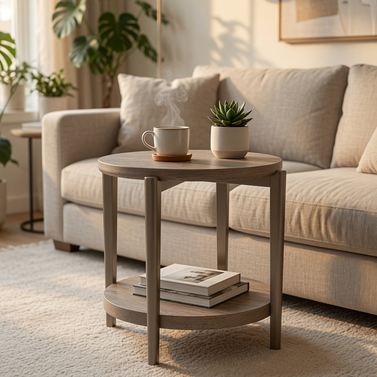 Jesy Side End Table, 27 Inch Round Top, Lower Shelf, Natural Brown  - BM353300