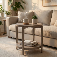 Jesy Side End Table, 27 Inch Round Top, Lower Shelf, Natural Brown  - BM353300