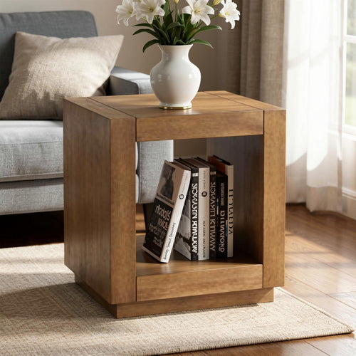 Dane Side End Table, 20 Inch Cubic, Open Shelf, Medium Oak Brown  - BM353301
