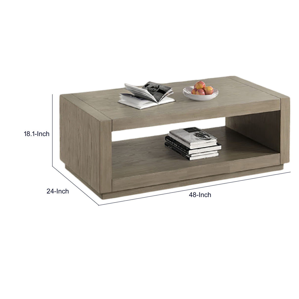 Dane Coffee Table, 48 Inch Cubic, Open Shelf, Natural Oak Gray Finish  - BM353302