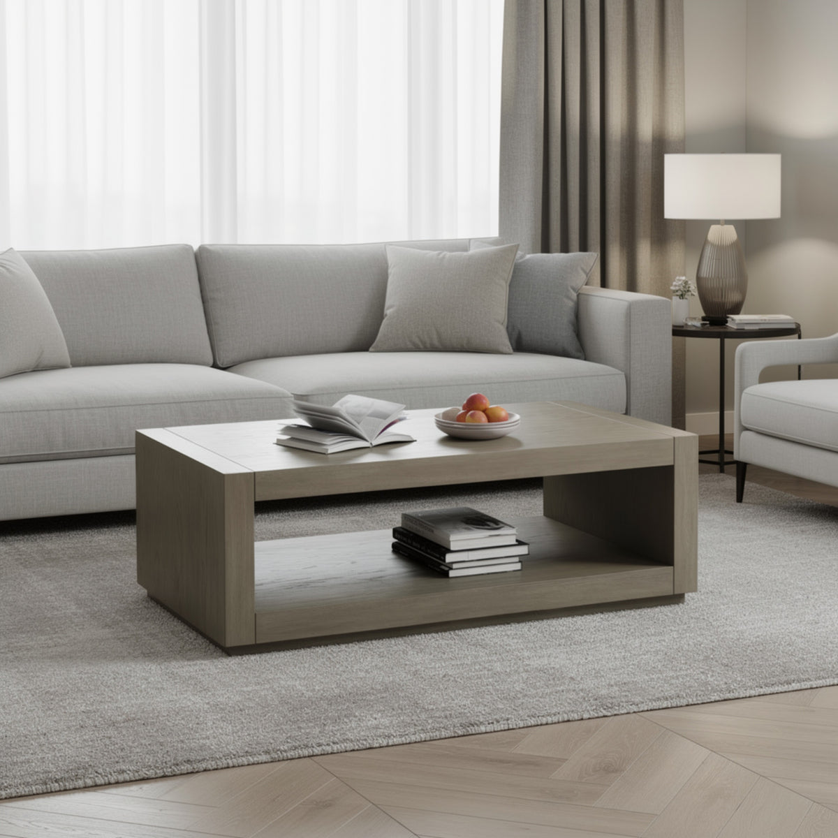 Dane Coffee Table, 48 Inch Cubic, Open Shelf, Natural Oak Gray Finish  - BM353302