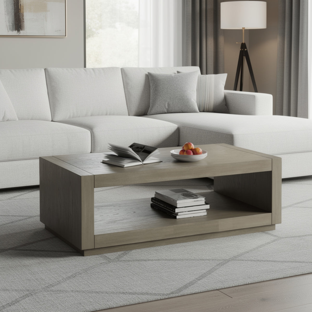 Dane Coffee Table, 48 Inch Cubic, Open Shelf, Natural Oak Gray Finish  - BM353302