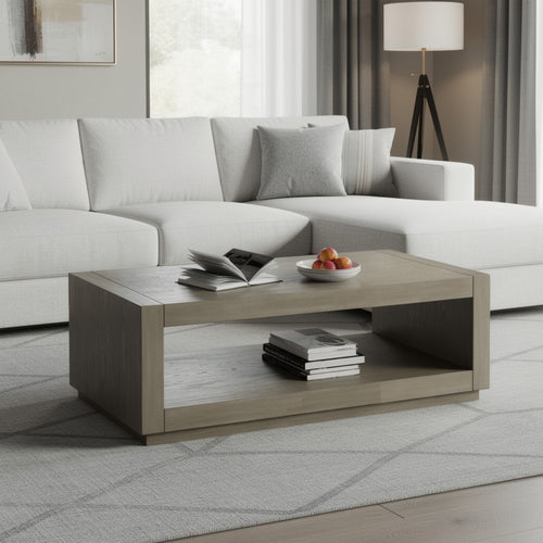 Dane Coffee Table, 48 Inch Cubic, Open Shelf, Natural Oak Gray Finish  - BM353302
