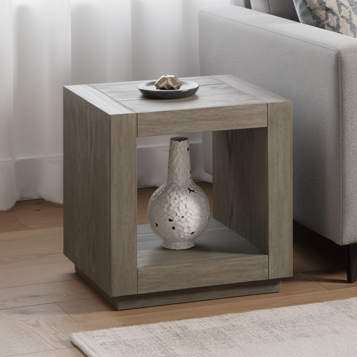 Dane Side End Table, 20 Inch Cubic, Open Shelf, Natural Oak Gray Finish  - BM353303