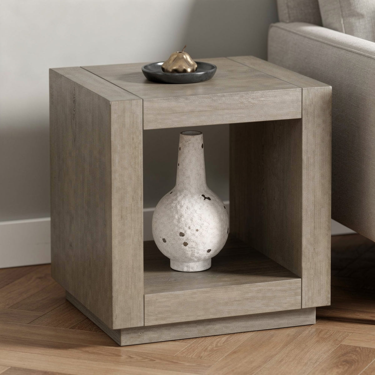 Dane Side End Table, 20 Inch Cubic, Open Shelf, Natural Oak Gray Finish  - BM353303