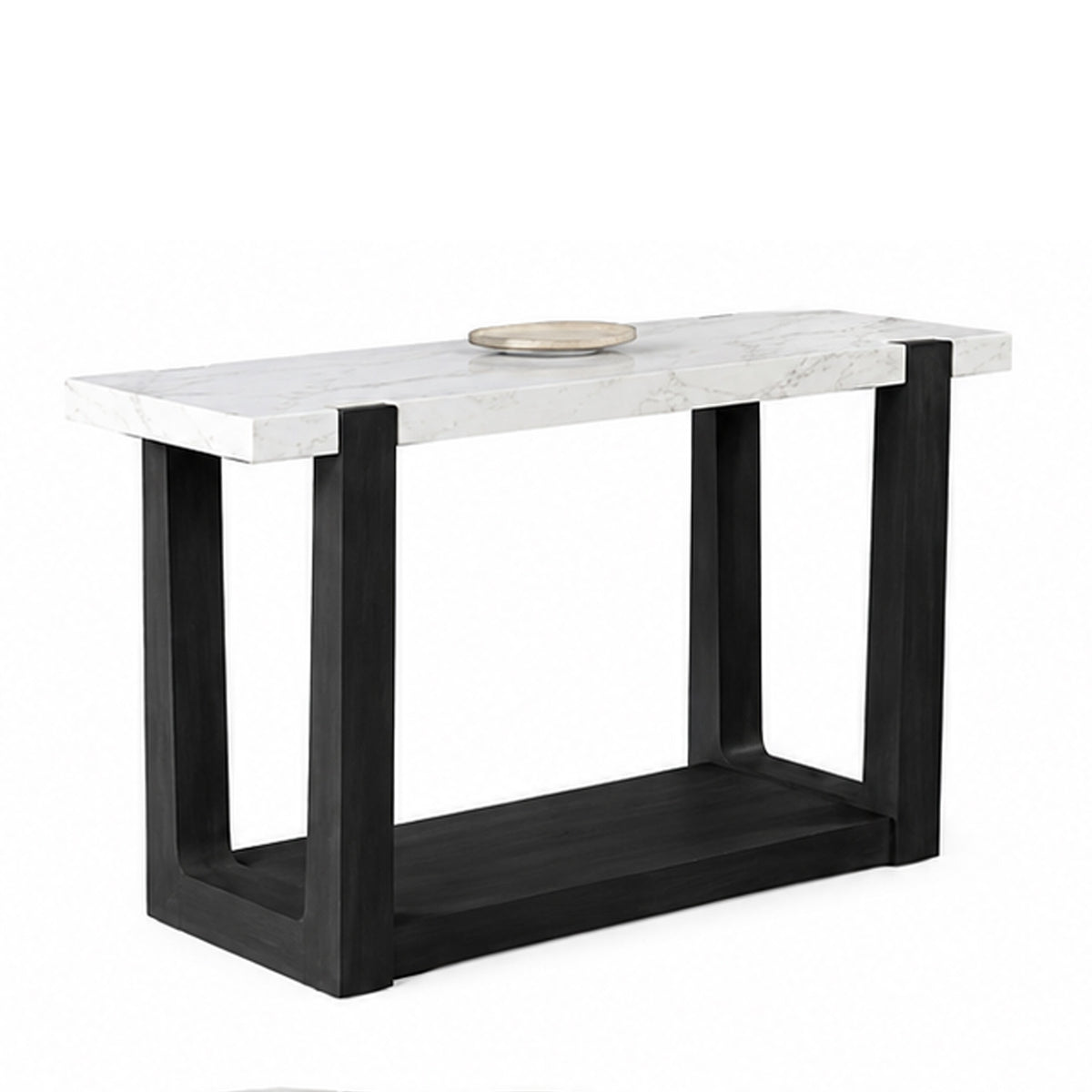 Sane Sofa Console Table, 50 Inch White Faux Marble Top with Shelf, Black  - BM353304